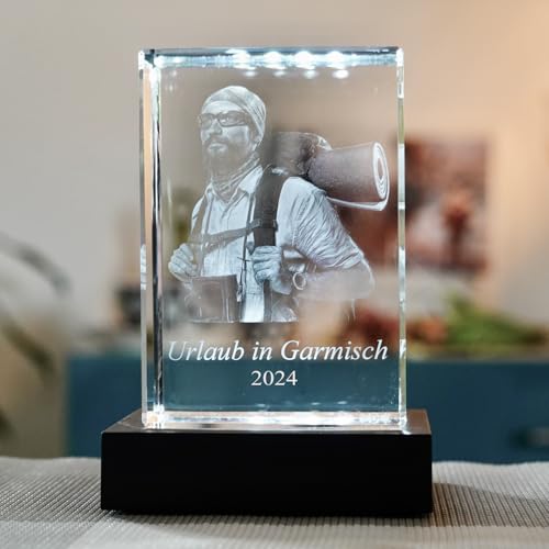 contento 3D Gravur Kristall | Dein Foto als 3D Glasfoto | bis 4 Personen/Tiere | Personalisiertes Geschenk für jeden Anlass, Geburtstag, Hochzeit, inkl. LED Leuchtsockel | Größe L hoch