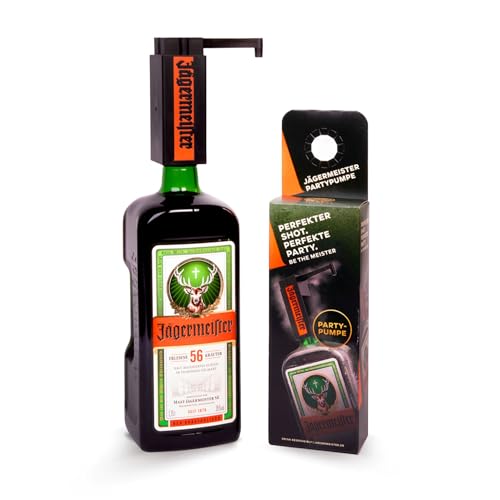 Jägermeister Geschenk-Set mit Partypumpe – 1,75 l Premium Kräuterlikör 35% Vol. inklusive 4 Shotgläser 2 cl – Manuelle Pumpe für perfekte Shots – Party-Set