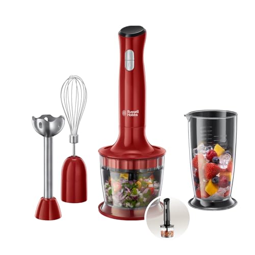 Russell Hobbs Stabmixer [3-in-1: Pürierstab/Zerkleinerer, Mixer- & Schneebesenaufsatz] Desire Rot (BPA-freies & spülmaschinenfestes Zubehör, für Smoothie, Suppen Saucen, Joghurt Babynahrung) 24700-56