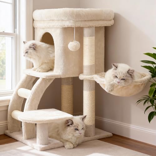 Heybly Katzenbaum, kleiner Kratzbaum für Katzen, 75 cm hoch, mit oberer Plattform, Hängematte, Kletterleiter, Katzenmöbel, Beige, HCT009SM