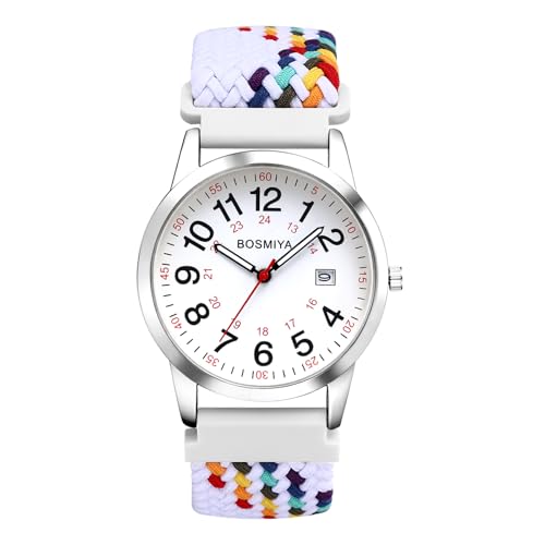 JewelryWe Geflochten Elastische Uhr mit Stoffarmband: Unisex Kalender Analog Quarz Armbanduhr mit Weiß-Bunt Gewebt Stretcharmband & 24-Stunden-Zifferblatt - Boho Damenuhr Herrenuhr mit Großen Zahlen