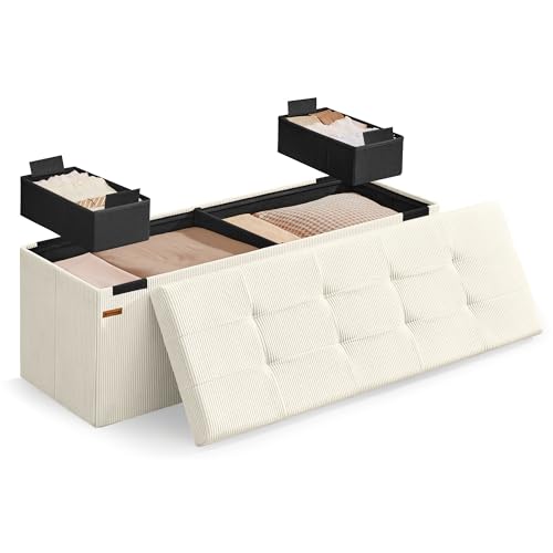 SONGMICS Sitzbank mit Stauraum, klappbare Fußbank, 110 x 38 x 38 cm | Bettbank, Aufbewahrungsbox, bis 300 kg belastbar, cremeweiß, MINOTA Kollektion LSF604W01
