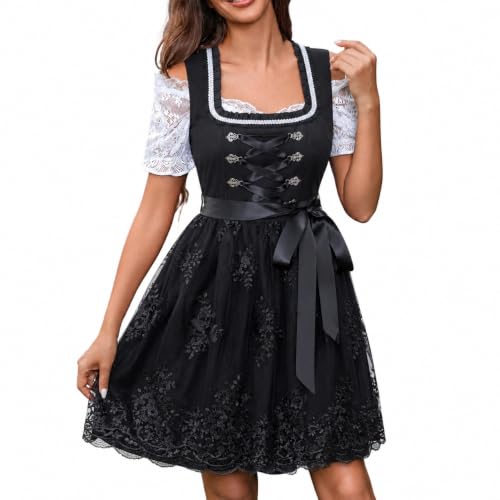Dirndlkleid 2 Teilig Damen Dirndl schwarz Midi Trachtenkleid Samt Mit Schürze Oktoberfest Trachten Outfit Damen Dirndl Kleid Trachtenmode,02 Schwarz,M