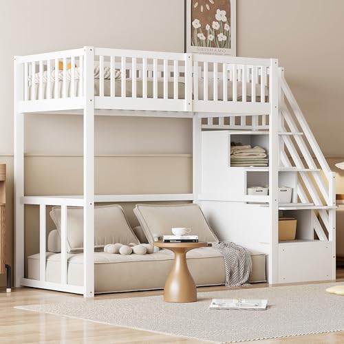 Moimhear Hochbett Sicherheits-Aufbewahrungsleiter, Bettgestell aus massivem Kiefernholz für Kinder und Jugendliche(Weiß, 90x200cm)