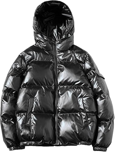 Goolecrimp Lockere glänzende warme Daunenjacke für den Winter mit Kapuze für Herren Gesteppte Daunenjacke mit Langen Ärmeln und Reißverschluss ultraleichte Daunenjacke mit Kapuze (Schwarz,M)