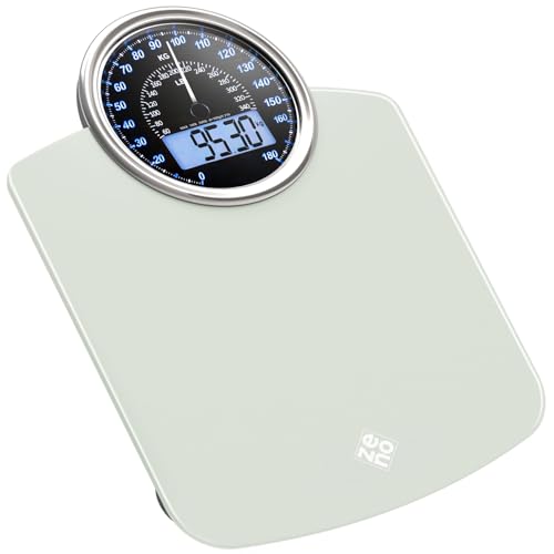 ZENO Hybrid 2-in-1 Digitale & Analoge Körperwaage bis 180 kg - Dickes Hartglas - Extra Große Anzeige - Einfach Ablesbare Digitale Personenwaage - NEU - Frostweiß
