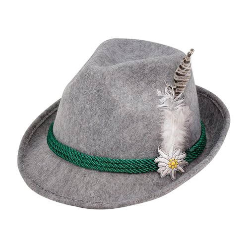 W WIDMANN MILANO Party Fashion 68576 - Bayerischer Hut mit Feder, Grau, Alpenhut, Bayern, Bierfest, Tracht, Hut, Accessoire