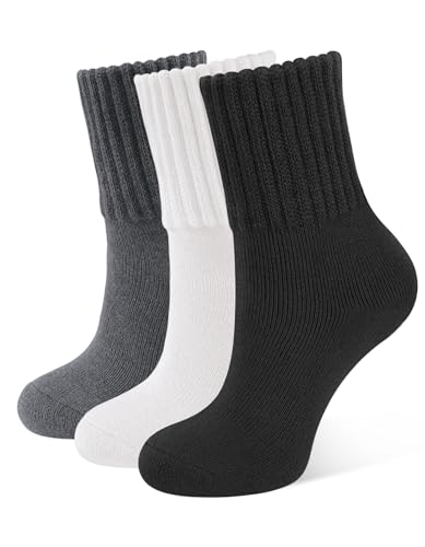 CLOSEMATE Thermosocken Damen Socken 3 Paar Wintersocken Warme Dicke Gestrickte Stricksocken Gekämmte Baumwollsocken Haussocken 35-38 39-42 1Schwarz 1Weiß 1Dunkelgrau