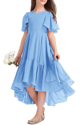 Haloumoning Mädchen Sommerkleid V-Ausschnitt Rüschenkleider Casual A Line Kleid Flowy Hoch Niedrig Lang Partykleid Elegant Langes Abendkleid Blau 140