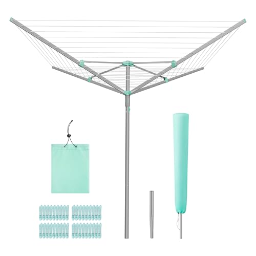 SONGMICS Wäschespinne, Wäscheständer, drehbar, klappbar, draußen, Garten, mit Wäscheklammern, Schutzhülle, silbern, 60 m Wäscheleine, für 6 Waschladungen LLR308EZ01