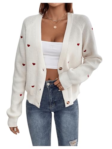 GORGLITTER Damen Cardigan Strickjacke Casual Strickmantel Outwear Pullover Pulli Dünne Jacke Sweater Mantel mit Herz Stickerei Beige S