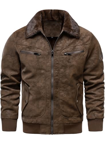 HOOD CREW Herren Kunstpelz Bomberjacke Fleece Gefütterte Winterjacke Vintage Kunstleder Jacke Mit Pelzkragen Braun L