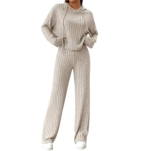 Odizli Hausanzug Damen Kuschelig Elegant Herbst Winter Langarm Pullover Top und Hosen Outfit Lounge Set Zweiteiler Loungewear Freizeit Anzüge Lang Schlafanzug Pyjama Frauen Jogginganzug Aprikose M