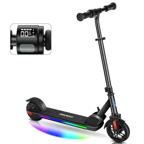 Caroma E Scooter für Kinder Alter 6-14, 150W Motor, 16 km/h, 80 mins Fahrzeit, einstellbare Geschwindigkeit und Höhe, Bunte Lichter, LED-Anzeige, Faltbarer Kinder Elektroroller