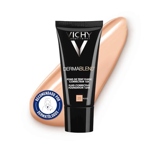 VICHY Teint-korrigierende, flüssige Foundation für normale bis unreine Haut, Deckt Rötungen und Unreinheiten ab, Ebenmäßiger Teint, Nicht komedogen, LSF35, Dermablend, Nude 25, 30 ml