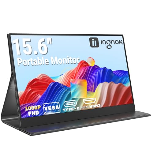 Ingnok Tragbarer Monitor 15,6 Zoll, 1080P FHD IPS Portable Monitor für Laptop mit Schutzhülle Lautsprecher, Ultra-Dünner Zweitbildschirm für Laptop/PC/Mac/PS3/4/5/Xbox- USB C & HDMI Anschluss