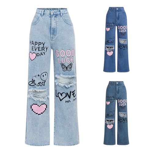 Baggy Jeans Mädchen Y2k Druck Zerrissene Jeanshose mit Taschen Weite Bein Hip Hop Grafik Denim Hosen für Kinder Mädchen Hohe Taille Weiche Freizeithose (Light Blue, 12-13 Years)