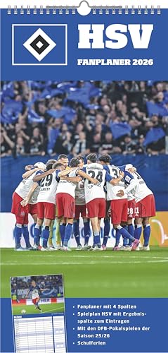 N Neumann - Hamburger SV 2026 – Fanplaner 22x45 cm mit 4 Spalten, deutschem Kalendarium & Spiralbindung, Fußball-Familienkalender mit 12 Monatsblättern & Spielerfotografien: Fanplaner 2026