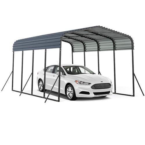 GYMAX Metall Carport Zeltgarage, Überdachung mit verstärkter Basis, festem Dach & 4 schräge Beine, Autogarage Sonnenschutz & Wetterfest, Zeltgarage für Auto 4.4 x 3 m