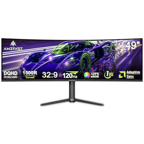 Amzfast 49 Zoll Curved Monitor 120Hz, DQHD(5120x1440), 32:9 Ultrawide PC Bildschirm, Eyes-Care, 1MS MPRT, 1500R, Adaptive Sync, sRGB 120%, HDMI 2.0 * 2/DP 1.4 * 2, VESA 75x75, PBP/Pip, AZMG49C7U