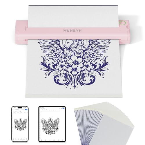 MUNBYN Tattoo Drucker Bluetooth, Stencil Drucker, Tattoo Printer Thermodrucker mit 20 Blatt A4 Transferpapier, Kompatibel mit Android iOS macOS Windows, ITP05, Rosa