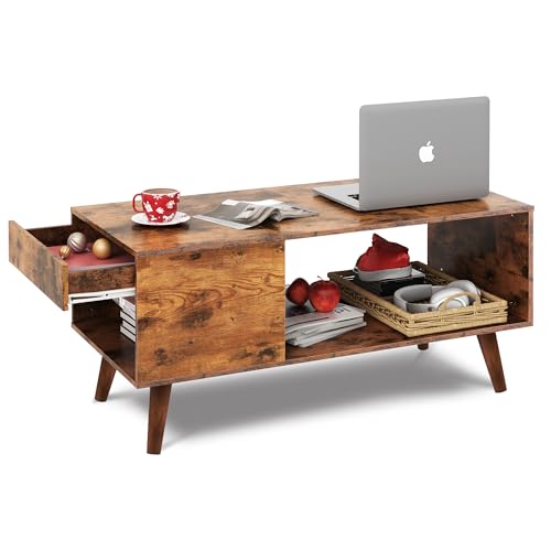 WLIVE Couchtisch Holz, Wohnzimmertisch mit Schubladen und Aufbewahrung,Wohnzimmer Tisch für Couch, Sofatisch für Schlafzimmer, Homeoffice, Rustikales Braun