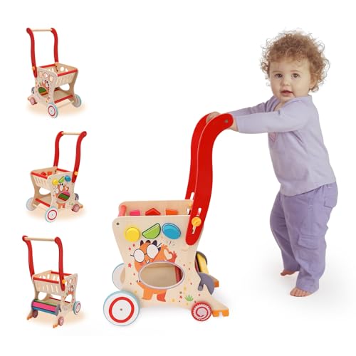 Holz Lauflernwagen für Kleinkinder 1-3 Jahre, Multifunktionaler Einkaufswagen Spielzeug mit Formsortierer, Glocke und Rollen, Aktivitätszentrum für Hand-Auge-Koordination
