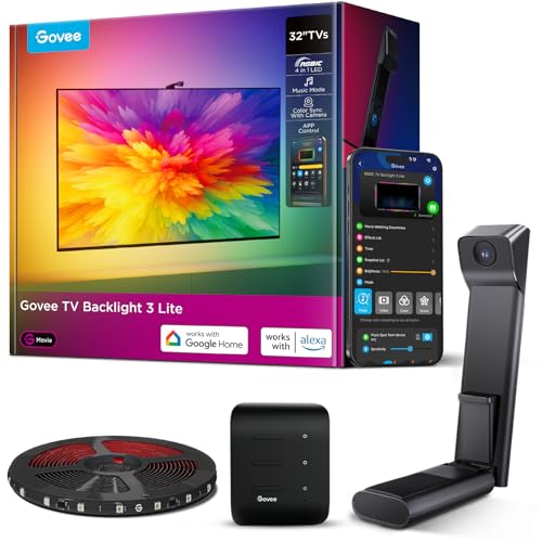 Govee RGBWIC TV Hintergrundbeleuchtung 3 Lite mit Fish-Eye Korrekturfunktion Sync für 32 Zoll TVs, 1.8M Wi-Fi TV LED Strip mit Kamera, 4 Farben in 1 Lampenperle, Sprach- und APP-Steuerung