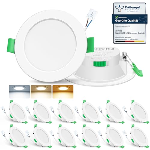 ALUSSO LIGHTING LED Einbaustrahler 230V 7W Deckenspots, 3000K/4000K/6500K Einbauspots, flach Dimmbar Ultra Slim Spots IP44 Deckenstrahler Einbauleuchten für Badezimmer Küche, Rund Weiss 12er Set