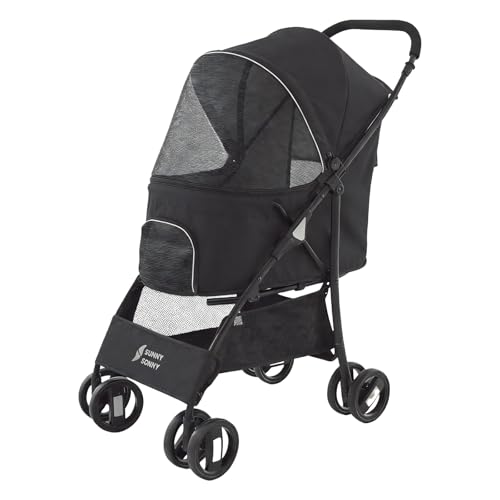 Sunny Sonny Faltbarer Jogger Haustier-Kinderwagen mit Wetterabdeckung, Aufbewahrungskorb, Haustier-Tragetasche für S/M Hunde und Katzen bis zu 15 kg (schwarz)