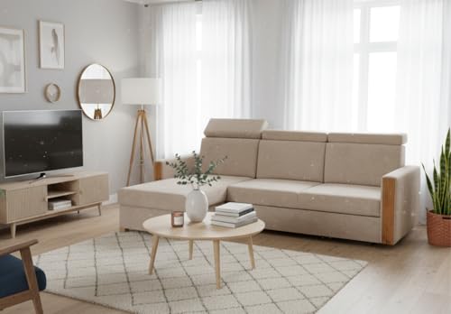 Ecksofa mit Schlaffunktion & Bettkasten, Schlafsofa mit verstellbaren Kopfstützen, Boneless Couch, Wohnlandschaft L-form, Stauraum & Ausziehfunktion, modernes Sofa mit Holzdetails, Eckcouch MODO