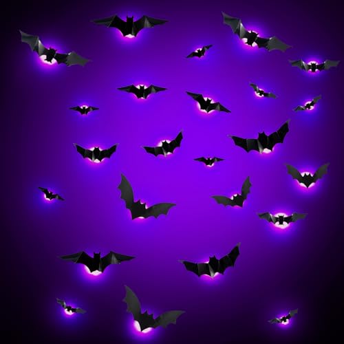 Halloween Deko, 24 Stück LED Lila Fledermaus Deko, Wandaufkleber 3D Halloween Deko Outdoor Innen Beleuchtung Lampen, Garten Dekorations, Party Deko Sticker für Fenster Tür Wand