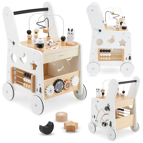 Mamabrum Holzpöbel für Kinder 6in1, Kinderläufer mit Funktion Bildungstisch Spielzeuge, Früherpädagogische Spielzeug, Motorikschlaufe, Gezählt, Sortierer, Blöcke, rutschfeste Räder