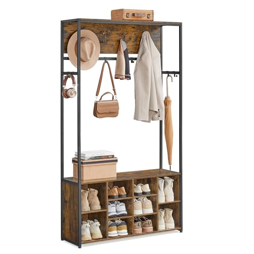 VASAGLE Kleiderständer, Garderobe, Eingangsmöbel mit Schuhregal, offene Fächer, Kleiderhaken, verstellbare Ablagen, Industrie-Stil, für Flur, Eingangsbereich, vintagebraun-tintenschwarz HSR432K01