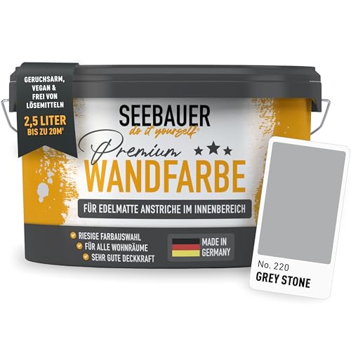 SEEBAUER diy Wandfarbe Grau 2,5L für Innen (No. 220 Grey Stone) Edelmatte graue Innenfarbe - Grautöne sehr hohe Deckkraft - Matt, Abwaschbar und Tropffrei