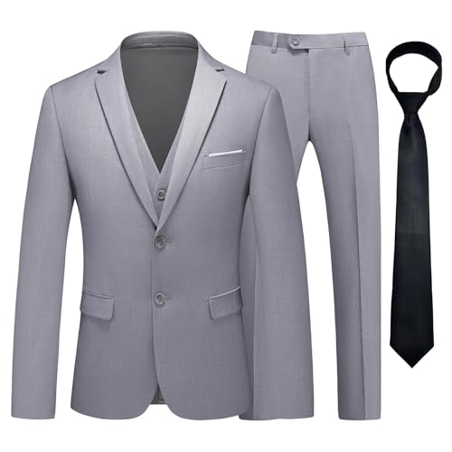 KUDMOL Herren Anzug 3 Stück Zwei Knöpfe Business Hochzeit Smoking Herren Anzug Jacke Weste Hose Set mit Krawatte(Hellgrau,2XL
