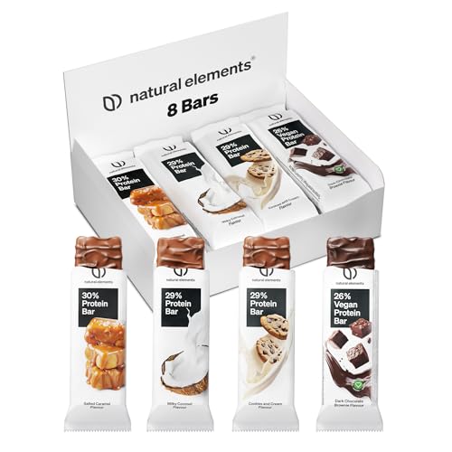 natural elements Proteinriegel Mixed Box – verschiedene Low Sugar Eiweißriegel – bis zu 13g Protein – vegetarisch, ohne Palmöl – in Deutschland laborgeprüft