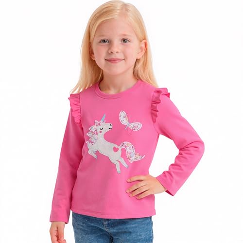 JinBei Langarmshirt Mädchen Baumwolle Kinder Longsleeve T-Shirt Oberteile Rundhals Tops Rüschenärmeln Pullover Shirt Pferd Mustern Kleidung Schul Freizeit Rosarot 5-6 Jahre, GR. 110-116