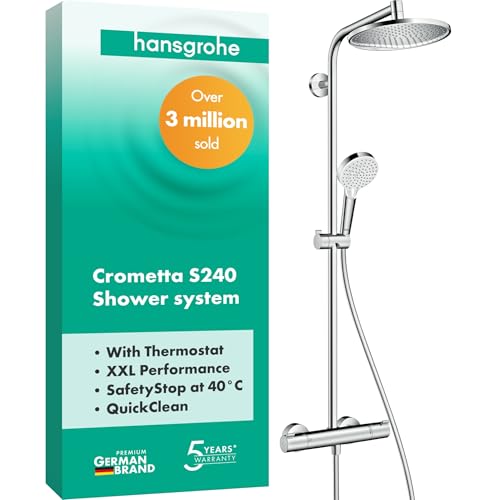 hansgrohe Crometta S - Duschsystem mit Thermostat, Regendusche (240 mm) mit Armatur, Handbrause (2 Strahlarten), Schlauch, Brausestange und Kopfbrause (1 Strahlart), Chrom, 27267000