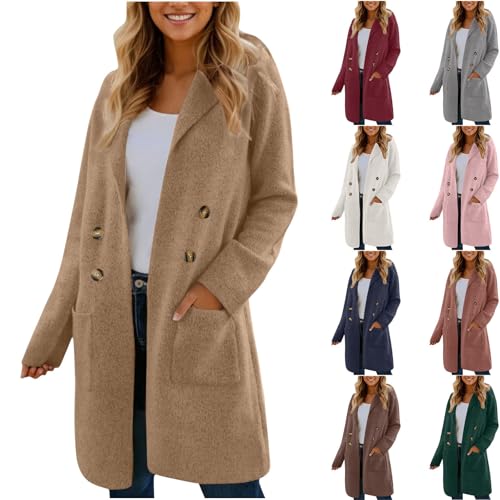 KDEIHT Wollmantel Damen Winter Wintermantel Lange Wolljacke Warme Mantel Elegant Winterjacke mit Reverskragen Jacke Wolle Trenchcoat Doppelreihig Hemdjacke Freizeit Winterparka Langarm Outdoorjacke