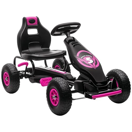 HOMCOM Gokart für Kinder, Kinderfahrzeug mit 3-stufig Verstellbarem Sitz, Tretfahrzeug mit Gummireifen, Pedal und Handbremse, Kettcar für 5-12 Jahre bis 50 kg, Outdoor, Rosa