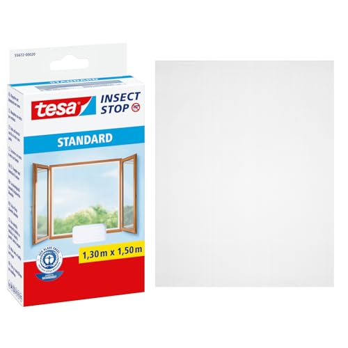 tesa Insect Stop Standard Fliegengitter für Fenster - Insektenschutz zuschneidbar - Mückenschutz ohne Bohren - 1 x Fliegen Netz - 130 cm x 150 cm - Weiß