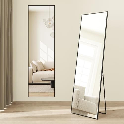 SONGMICS Ganzkörperspiegel, 150 x 40 cm, rechteckiger Standspiegel, Rahmen aus Aluminiumlegierung, Hartglas, quadratische Ecke, für Schlafzimmer, Wohnzimmer, Garderobe, tintenschwarz LFM054BD01