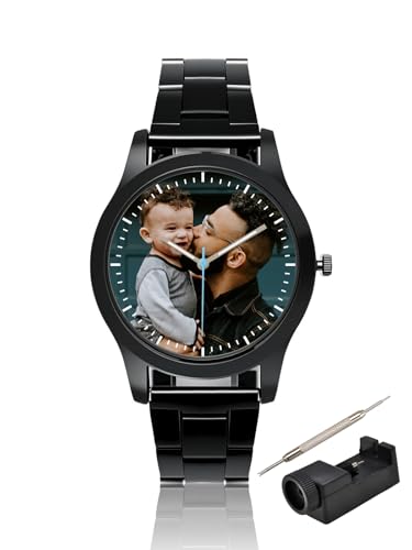 JSDDE Personalisiert Armbanduhr mit Fotogravur Metallarmband Analog Quarzuhr Damenuhr Herrenuhr Personalisiertes Geschenk für Damen Herren, mit Uhrenarmband Reparatur Werkzeug Set (Schwarz)