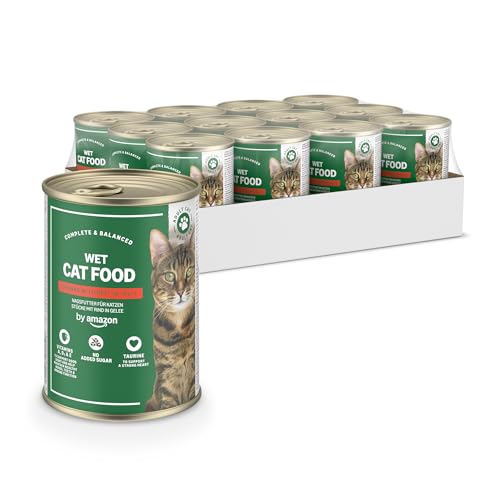 by Amazon Katzensfutter, nass, getreidefrei, Dose, Rindfleischstücke in Gelee, 12 x 405 g