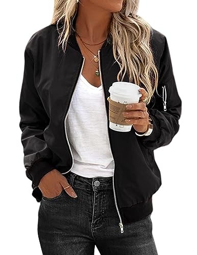 Zeagoo Bomberjacke Damen Schwarz Blouson Kurze Jacke Leichte Frauen Pilotenjacke Fliegerblouson Basic Light Vintage Herbst Frühlings Sweatjacke Dünn Sommerjacke M