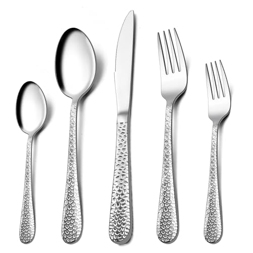 Homikit Besteck Set, 30-teilig Besteckset für 6 Personen, Edelstahl Gehämmertes Tafelbesteck, Essbesteck mit Messer Gabel Löffel für Familie Party Restaurant, Rundrandgriff & Spülmaschinengeeignet