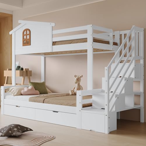 Laxnb Kinderbett Bett 90x200 & 120x200 cm Etagenbett 2 Kinder, Hochbett mit Stauraum Treppe, Hausbett mit Stauraum 2 Schubladen, Holzbett Kinderbett mit Rausfallschutz, Ohne Matratze, Weiß