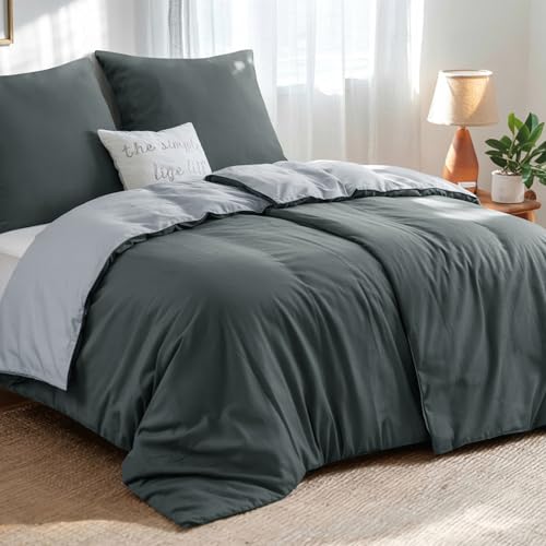 Aisbo Bettwäsche 135x200 4teilig Anthrazit Grau - Bettwäsche Sets 2 Bettbezüge 135x200 cm + 2 Kissenbezüge 80x80 cm, ÖKO-TEX Wendebettwäsche Weich Mikrofaser mit Reißverschluss