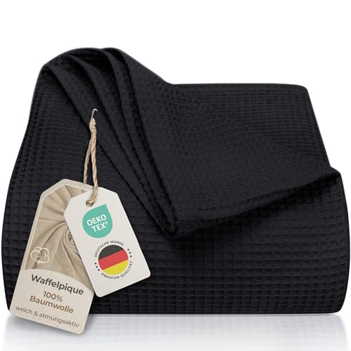 LAYNENBURG Premium Tagesdecke 150 x 200 cm - Waffelpique 100% Baumwolle - leichte Sommerdecke Waffeloptik - Baumwolldecke als Bett-Überwurf, Sofa-Überwurf, Couch-Überwurf - Sofa-Decke (schwarz)